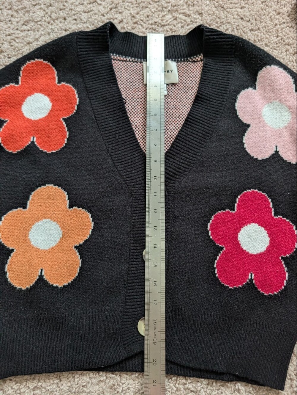 Industry Womens Black Pink Floral V-Neck Daisy Button Cardigan Sweater Small - Picture 9 of 10